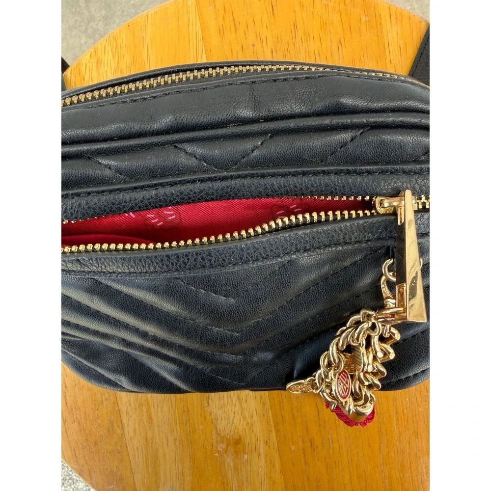 Aldo Black Quilted Belt Bag Faux Leather Waist Pack Gold Chain Tassel Accent